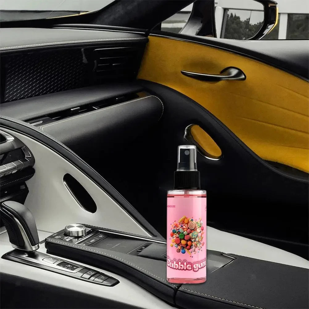 Pump spray air freshener in a car interior