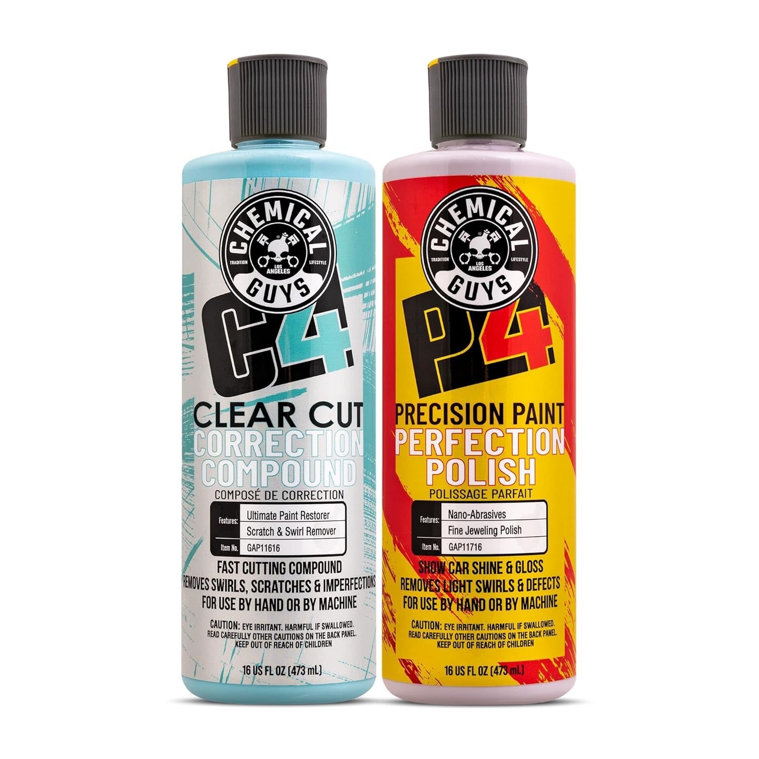 Chemical Guys, C4 & P4 Compound & Polish Paint Correction Kit, 2 X 16 Oz | Cut Scratches, Swirls and Towel Marks with C4, Then Refine Depth and Gloss with P4, Safe on Clear Coat Paint