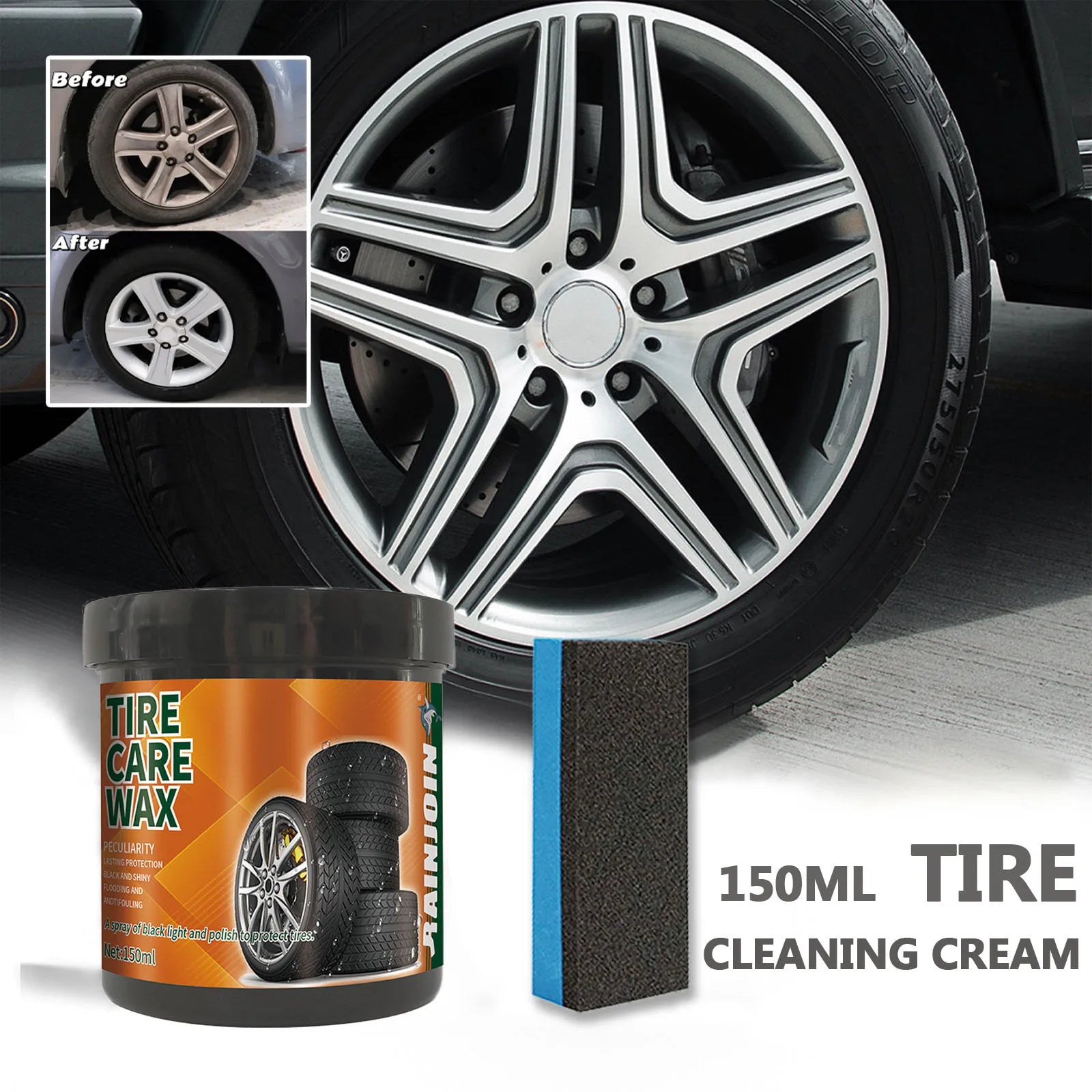 Tire Coating Wax with Sponge Car Tire Retreading Wheel Cleaning Coating Wax Black and Bright Paste Car Detailing Rim Cleaner