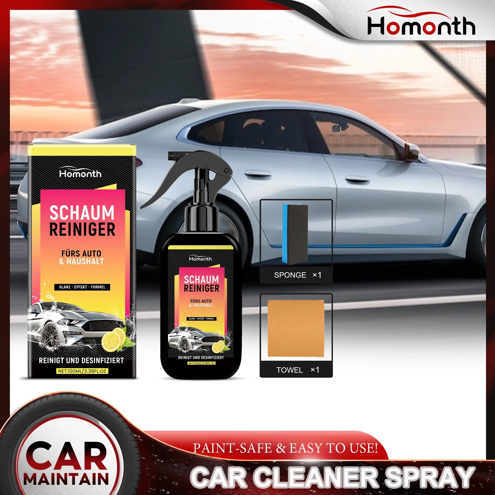 Car foam cleaner spray kit with sponge and towel
