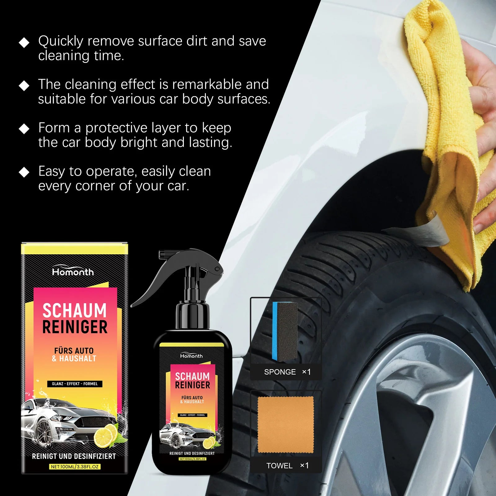 Foam cleaner kit beside a tyre and body panel
