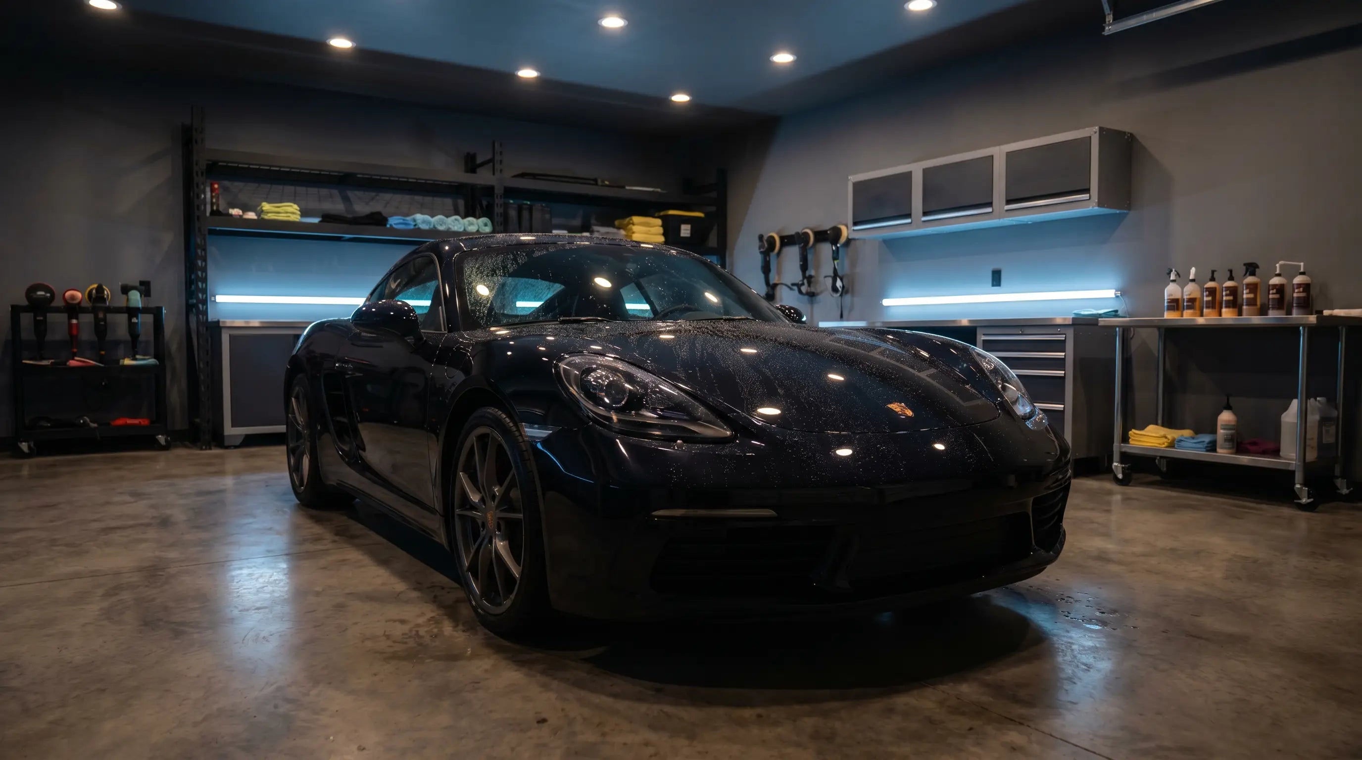 Dark performance vehicle in a premium detailing bay with organised detailing equipment
